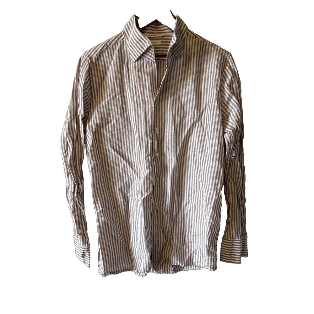 Suitsupply Stripe Linen Cotton Extra Slim Fit Shirt Mens 41/42 16/16.5 Brown